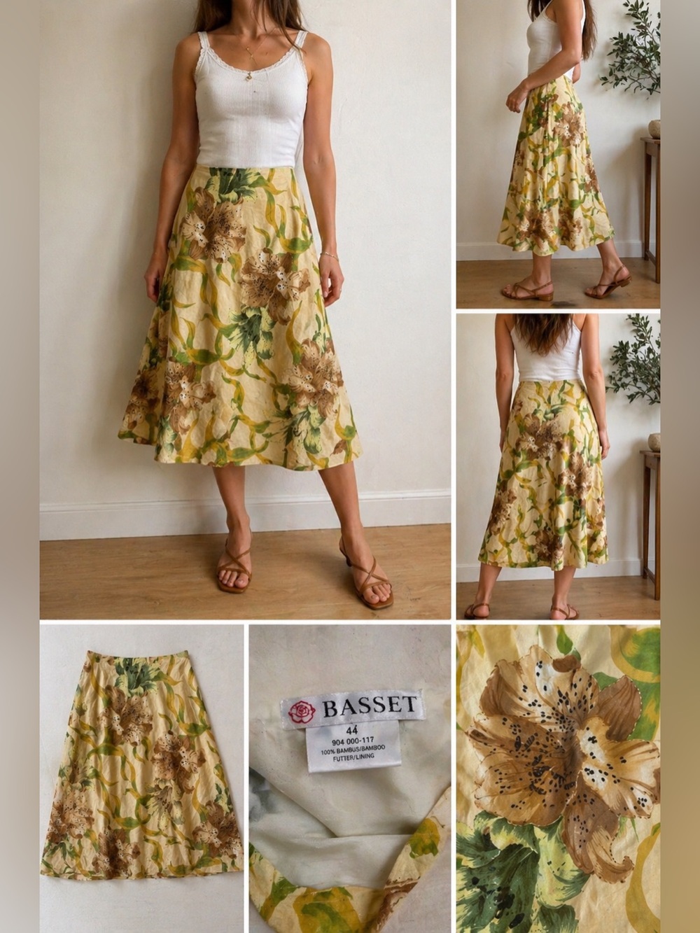 Basset Vintage Floral Bamboo Skirt Size L EU 44 waist 16 lenght 26